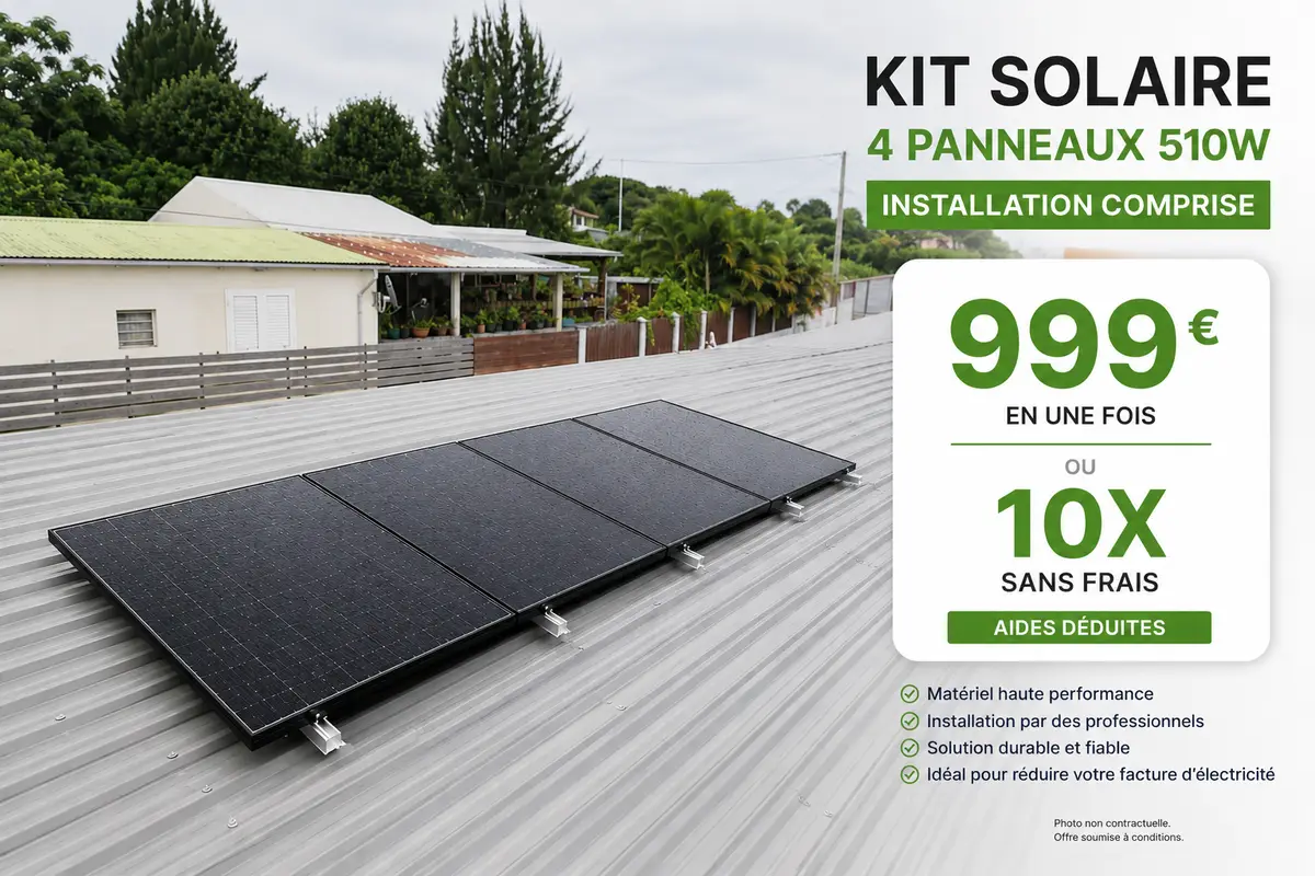 Kit solaire 4 panneaux 510W installé sur toit tôle à La Réunion — 999 € en une fois ou 10 fois sans frais, aides déduites